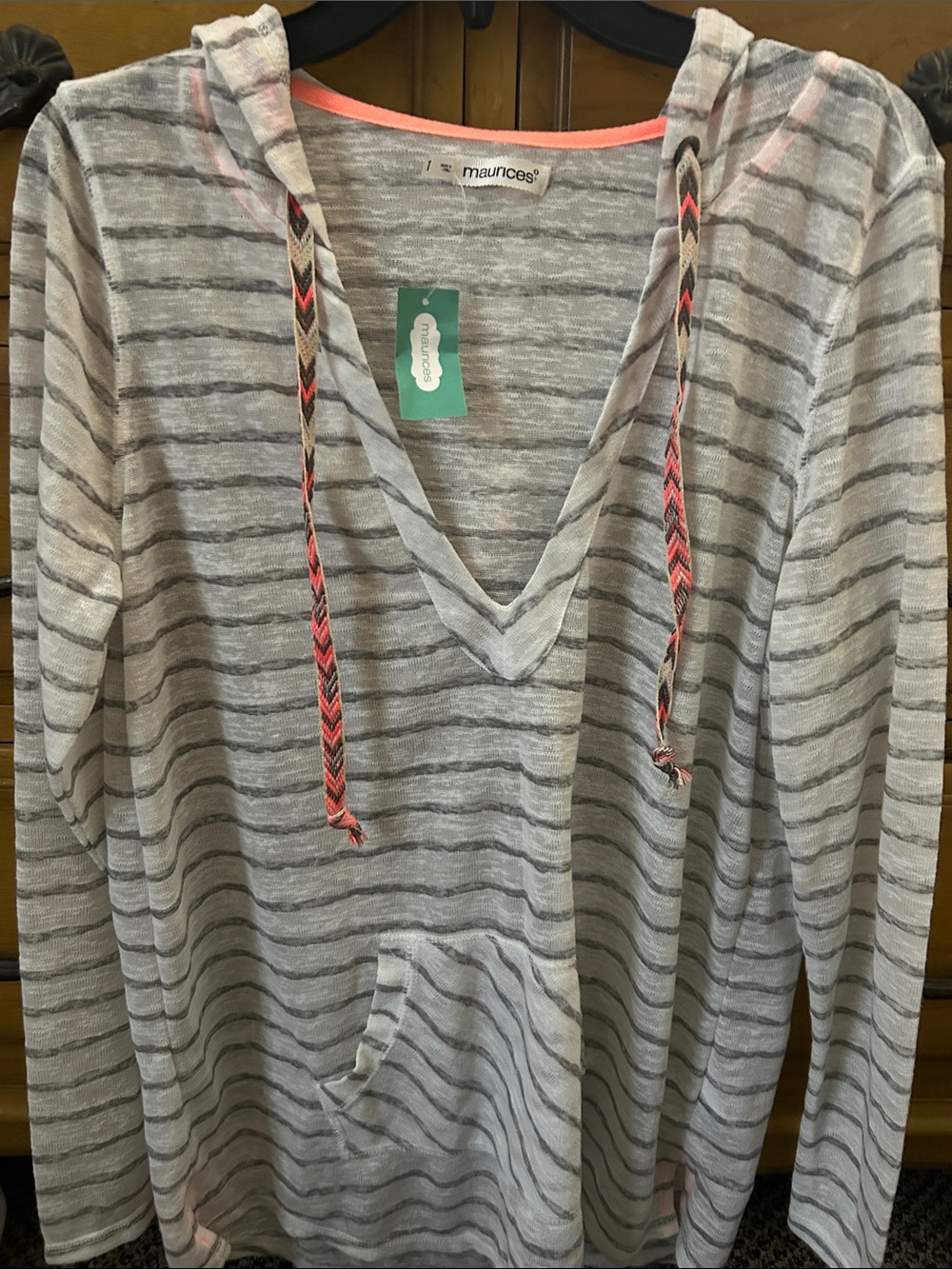 Maurices Gray Striped V-Neck Hoodie with Pink Trim